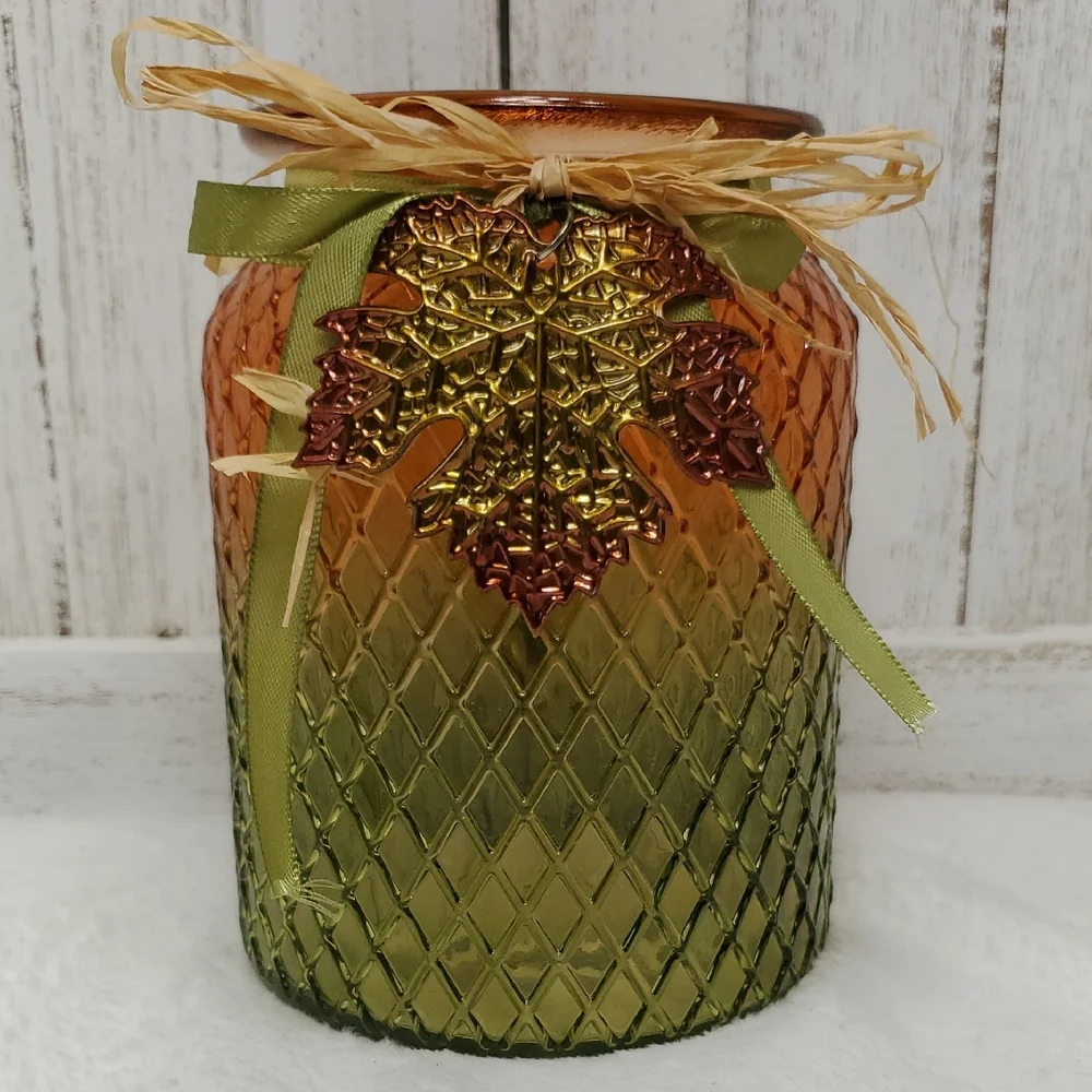 Ombre Orange & Green Autumn Fall Vase with Leaf Charm Decor